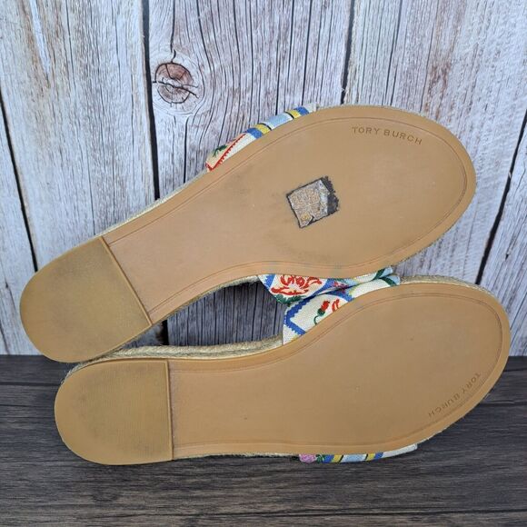 Tory Burch Benton Open Toe Women's Sz 8.5 Espadrille Slides Ribbon Weave Floral - Picture 9 of 9